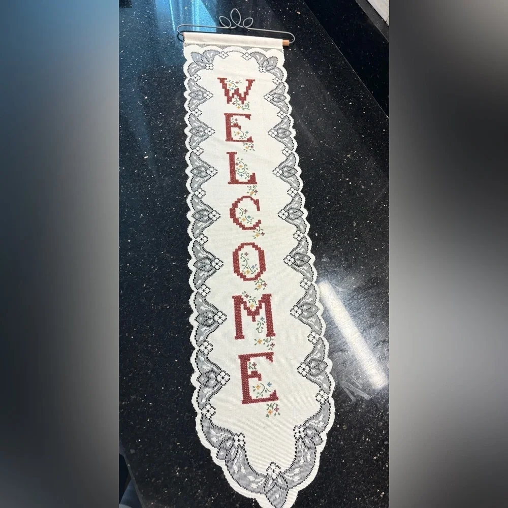 Fabric Wall Hanging Lace “Welcome” Sign Cross Stitch
